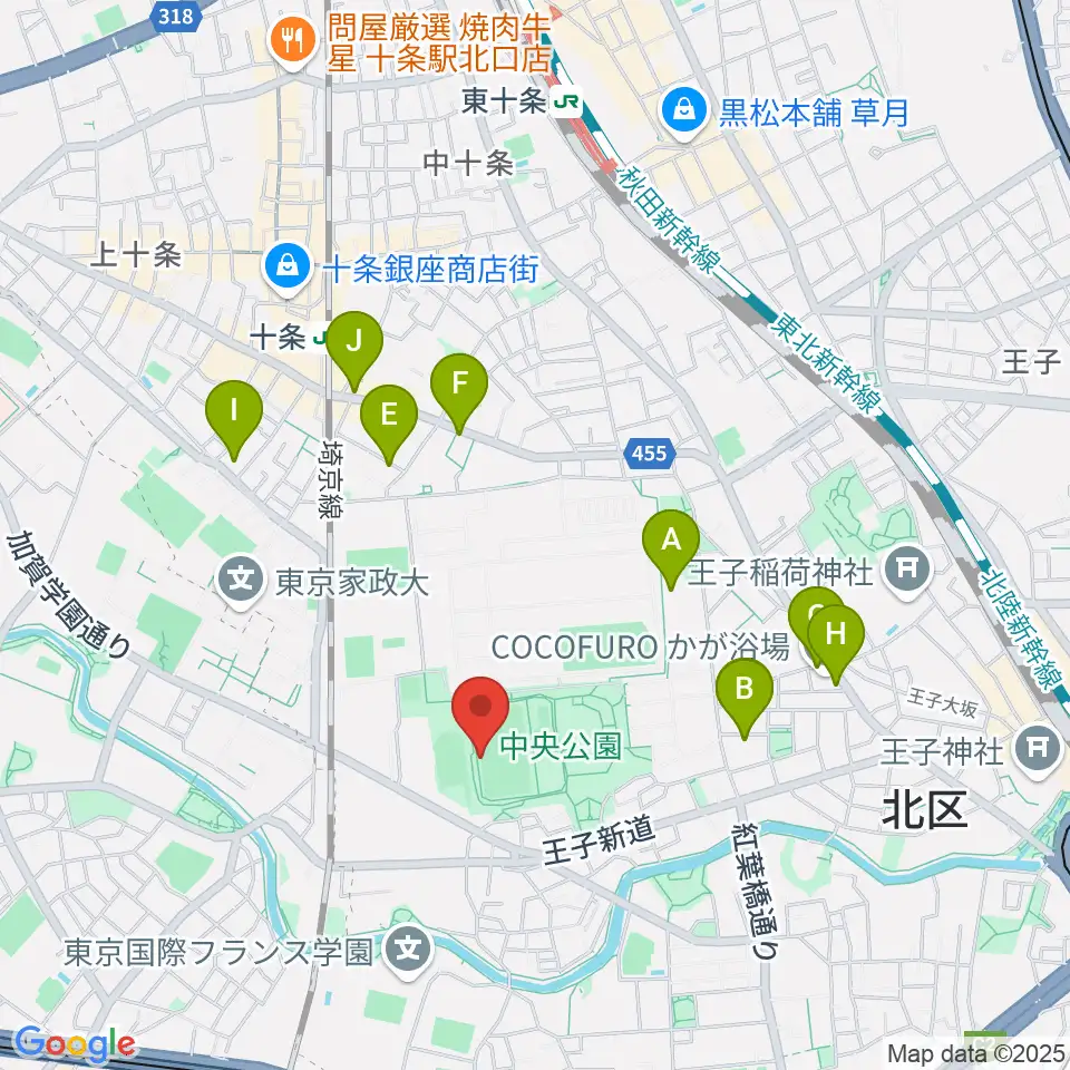 北区中央公園野球場周辺のカフェ一覧地図