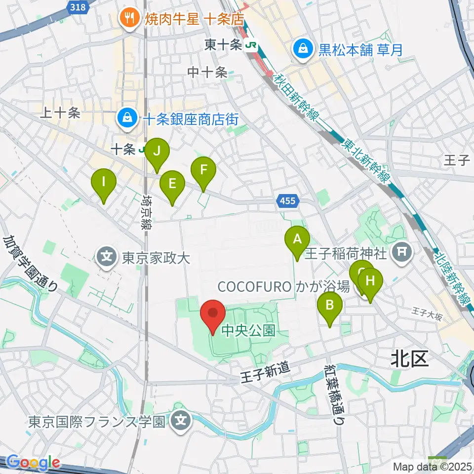 北区中央公園野球場周辺のカフェ一覧地図