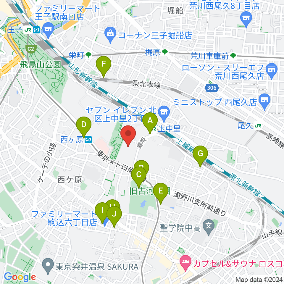 滝野川体育館周辺のカフェ一覧地図