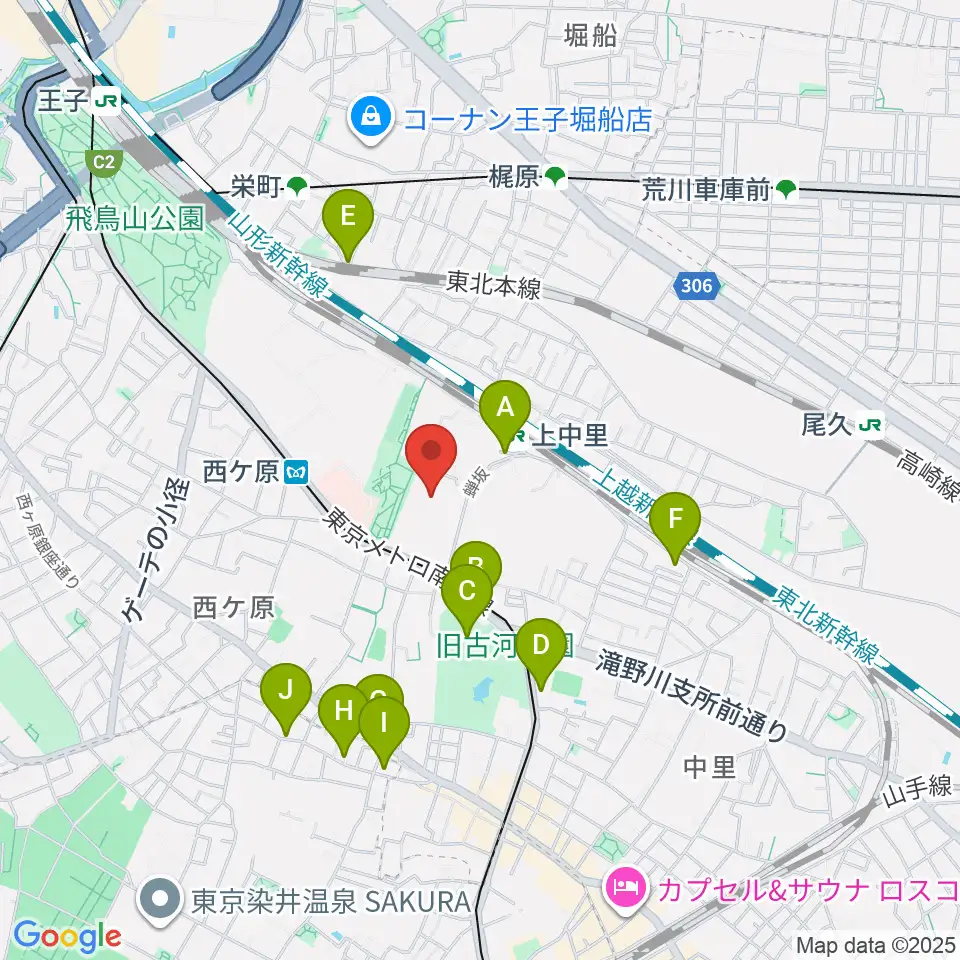 滝野川体育館周辺のカフェ一覧地図