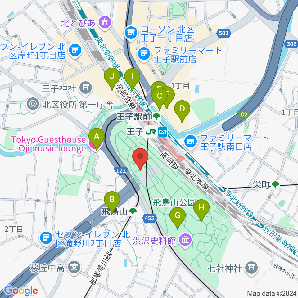 飛鳥山公園野外ステージ周辺のカフェ一覧地図