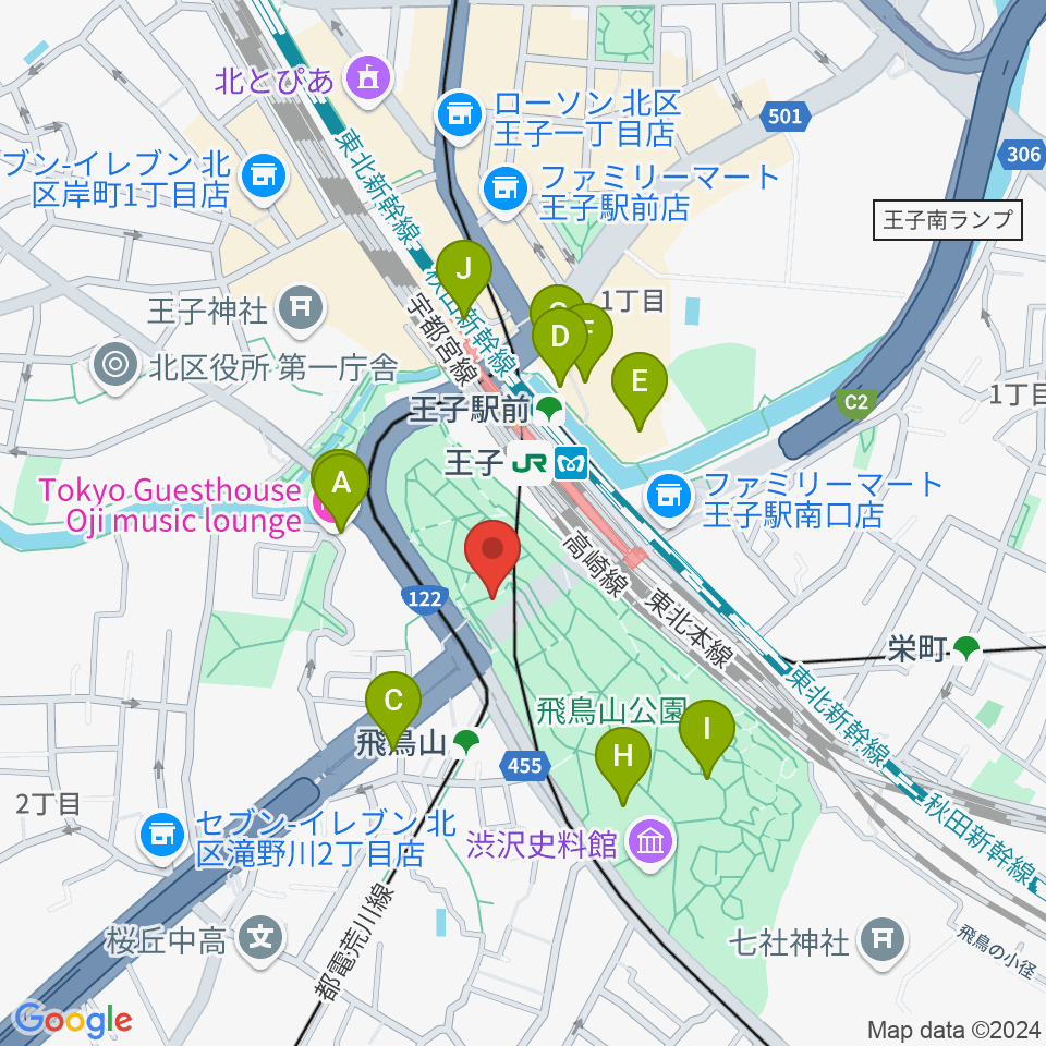 飛鳥山公園野外ステージ周辺のカフェ一覧地図