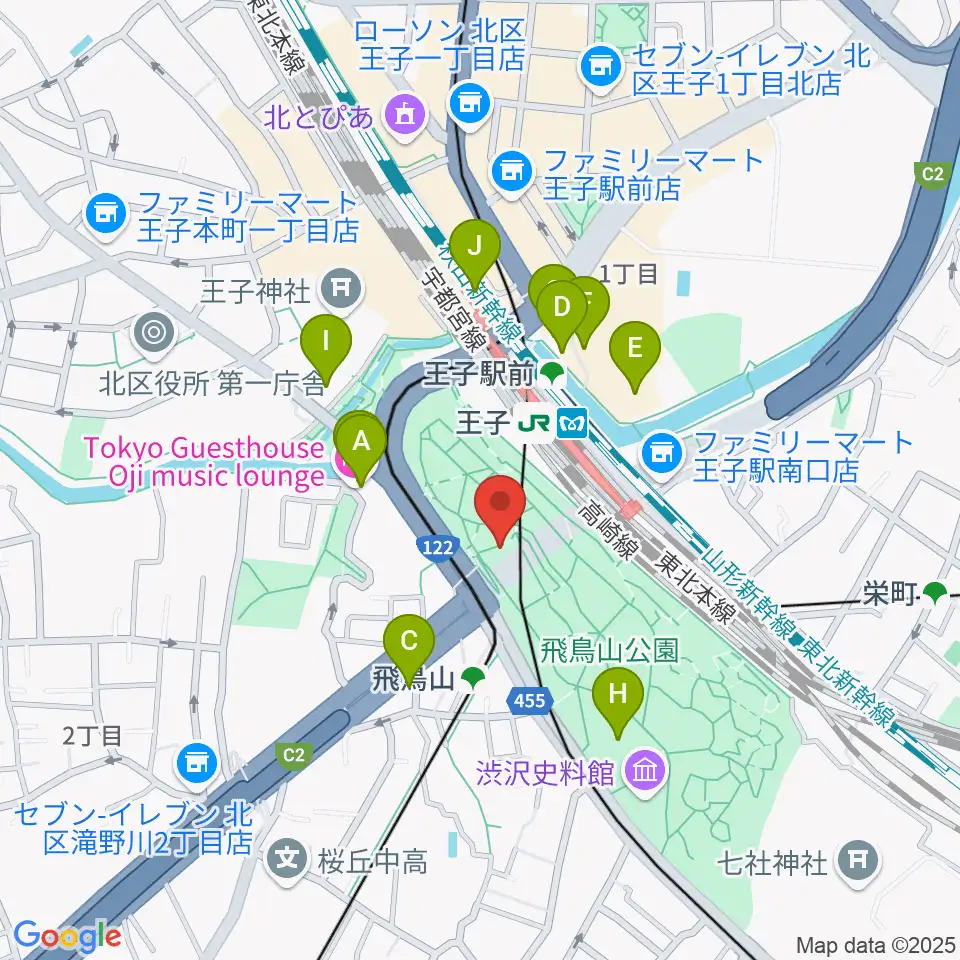 飛鳥山公園野外ステージ周辺のカフェ一覧地図