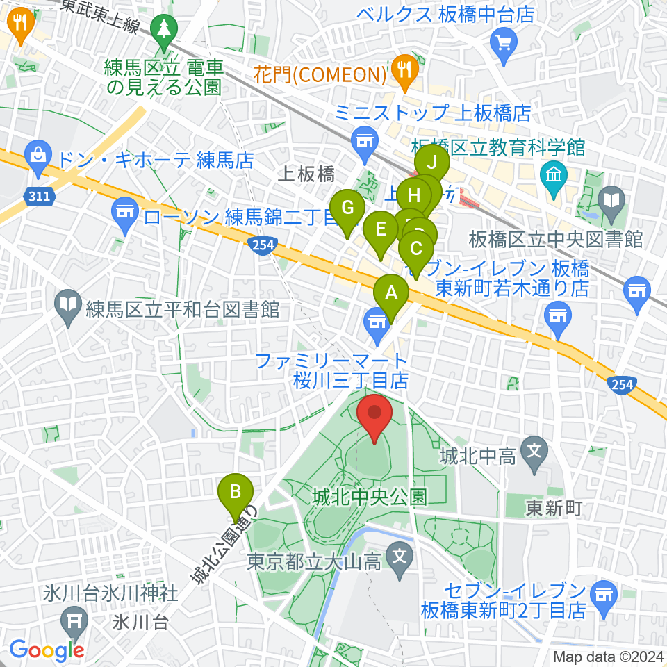 城北中央公園野球場周辺のカフェ一覧地図