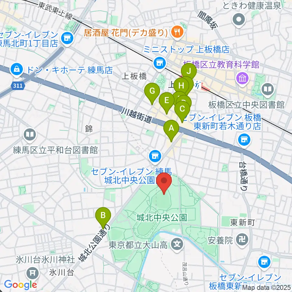 城北中央公園野球場周辺のカフェ一覧地図