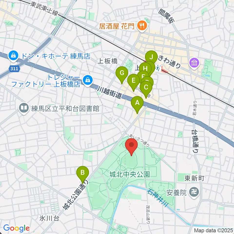城北中央公園野球場周辺のカフェ一覧地図