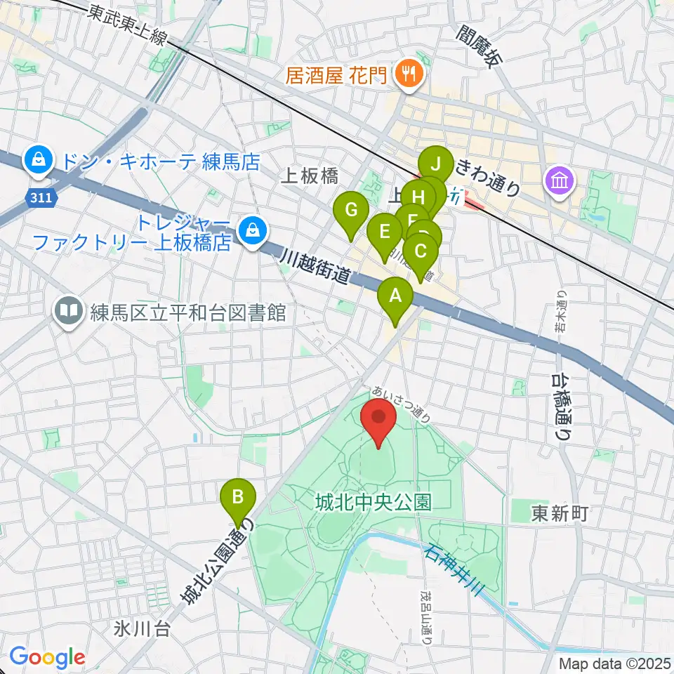 城北中央公園野球場周辺のカフェ一覧地図