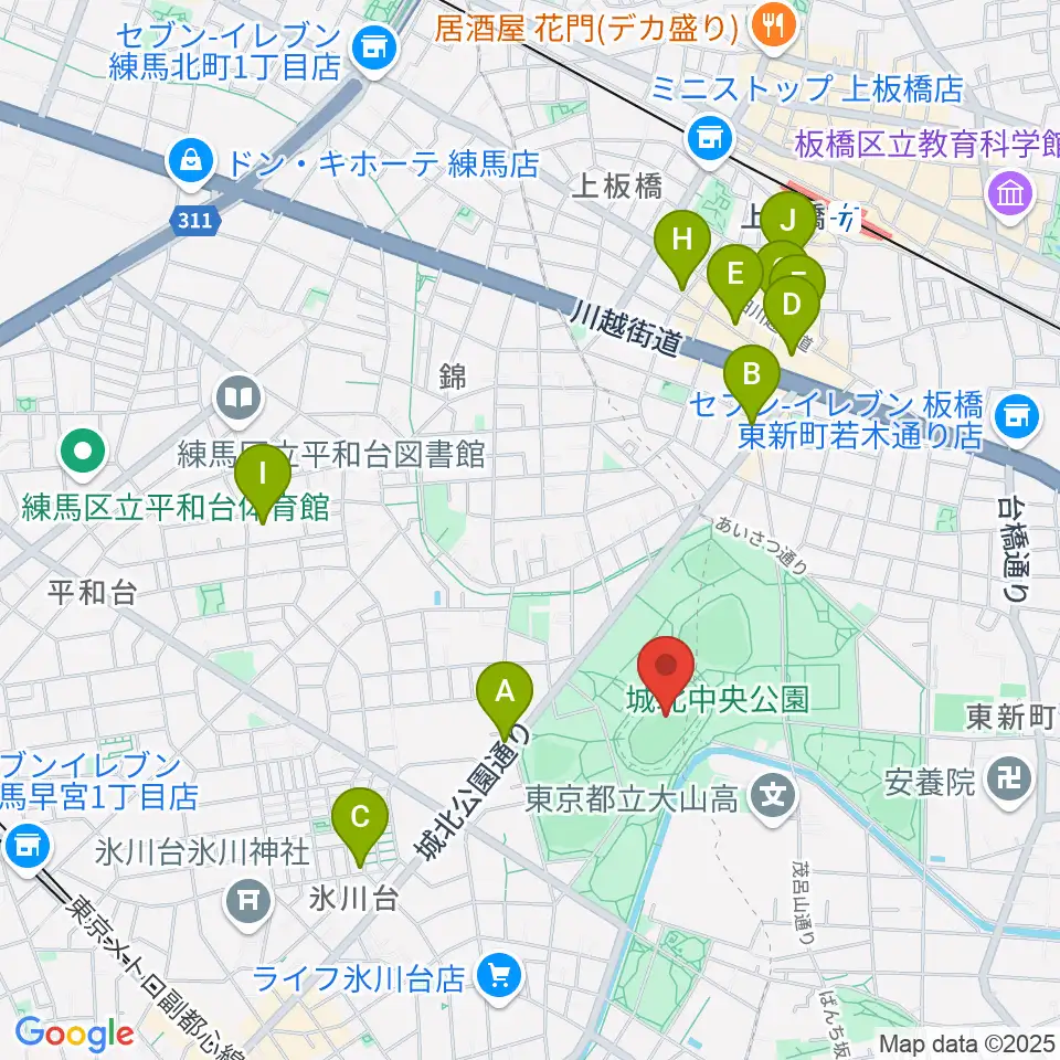 城北中央公園陸上競技場周辺のカフェ一覧地図