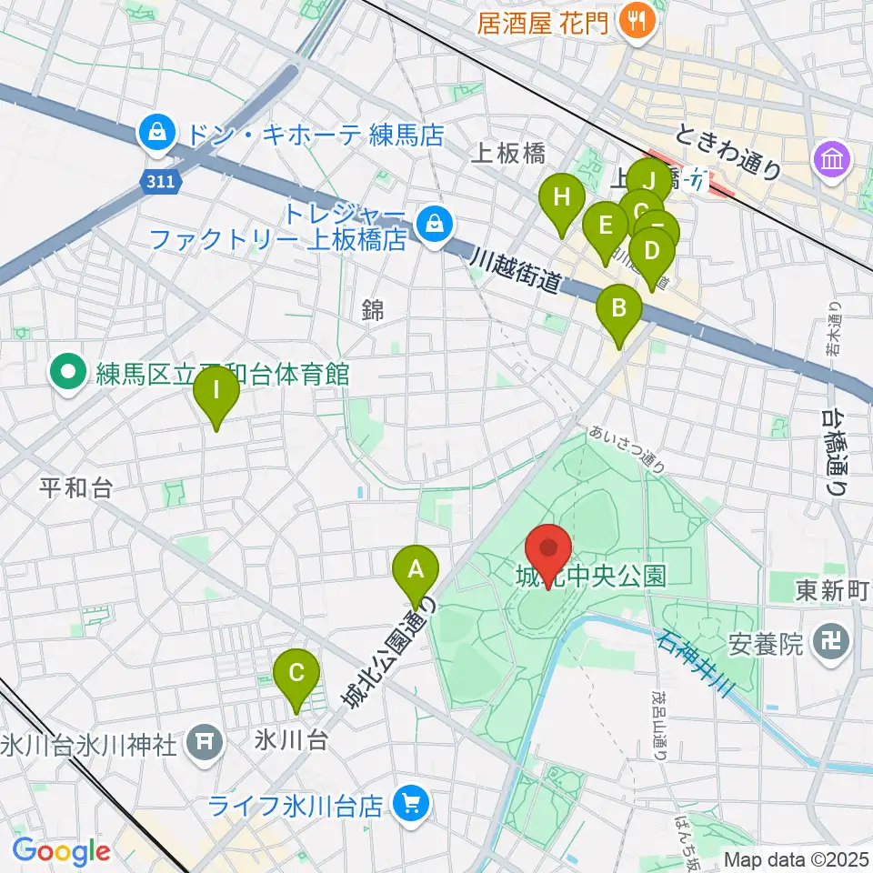 城北中央公園陸上競技場周辺のカフェ一覧地図