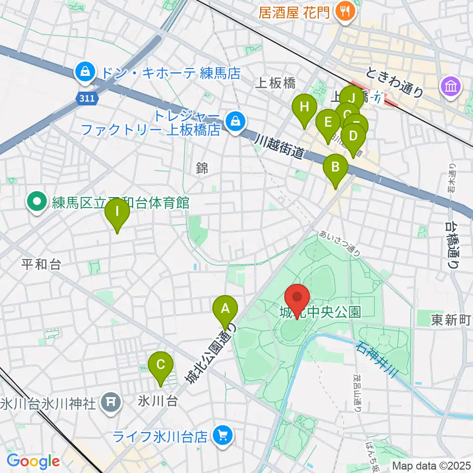 城北中央公園陸上競技場周辺のカフェ一覧地図