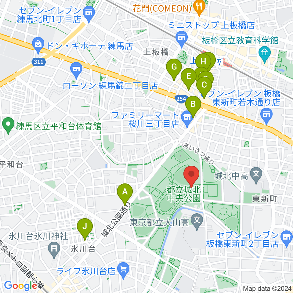 城北中央公園多目的広場周辺のカフェ一覧地図