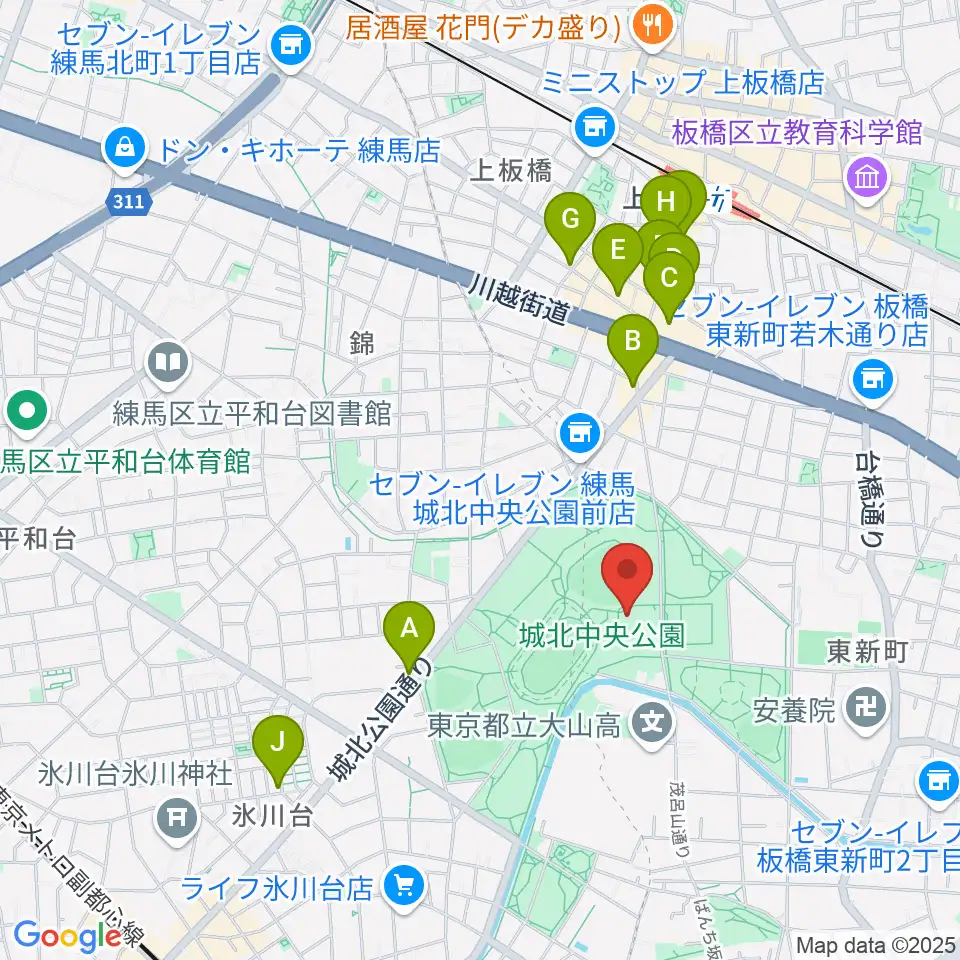 城北中央公園多目的広場周辺のカフェ一覧地図