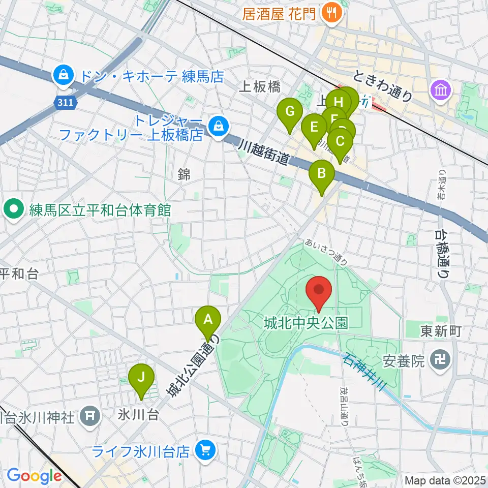 城北中央公園多目的広場周辺のカフェ一覧地図