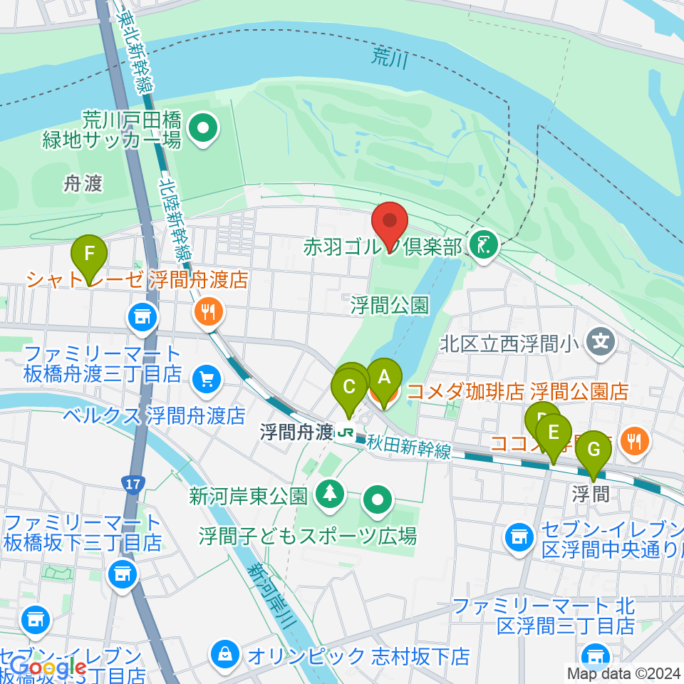 浮間公園野球場周辺のカフェ一覧地図