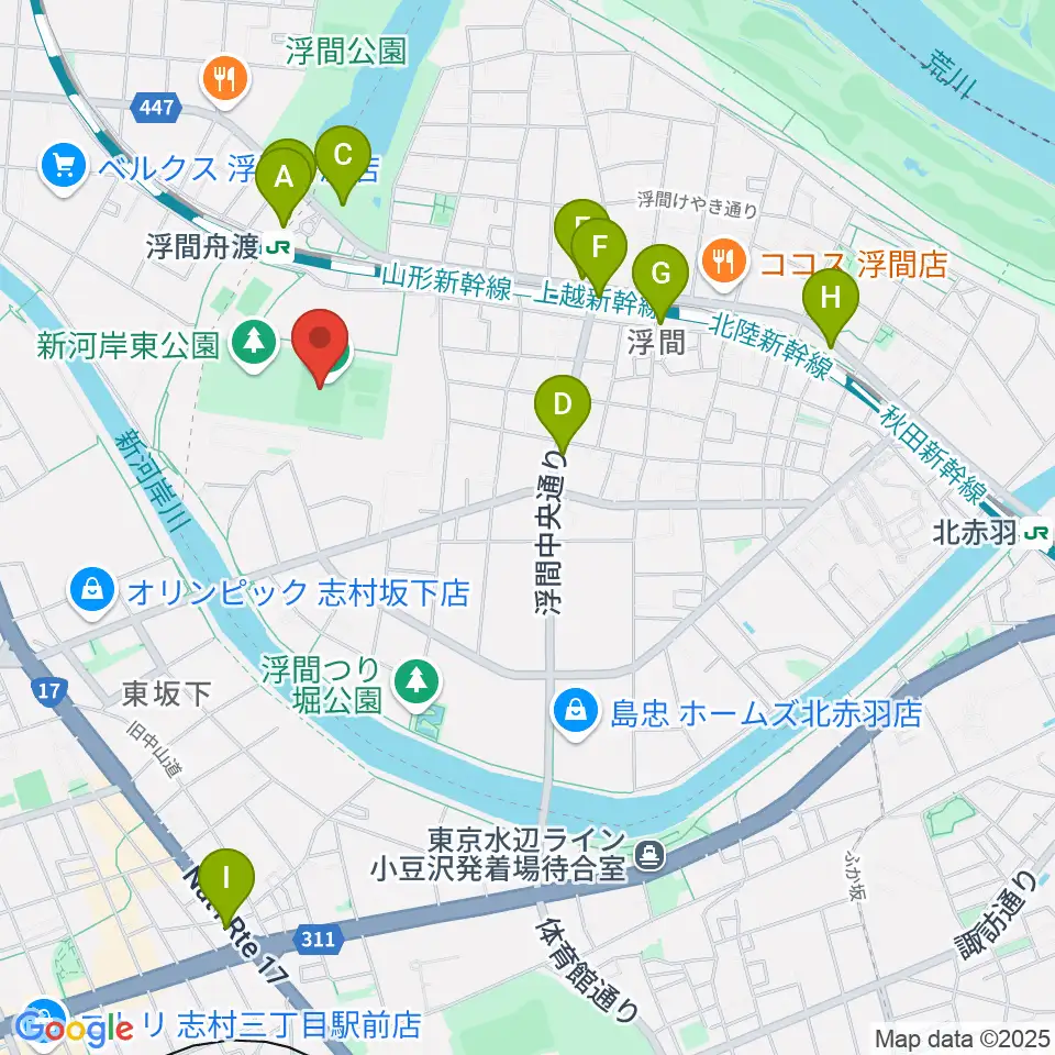 浮間子どもスポーツ広場野球場周辺のカフェ一覧地図