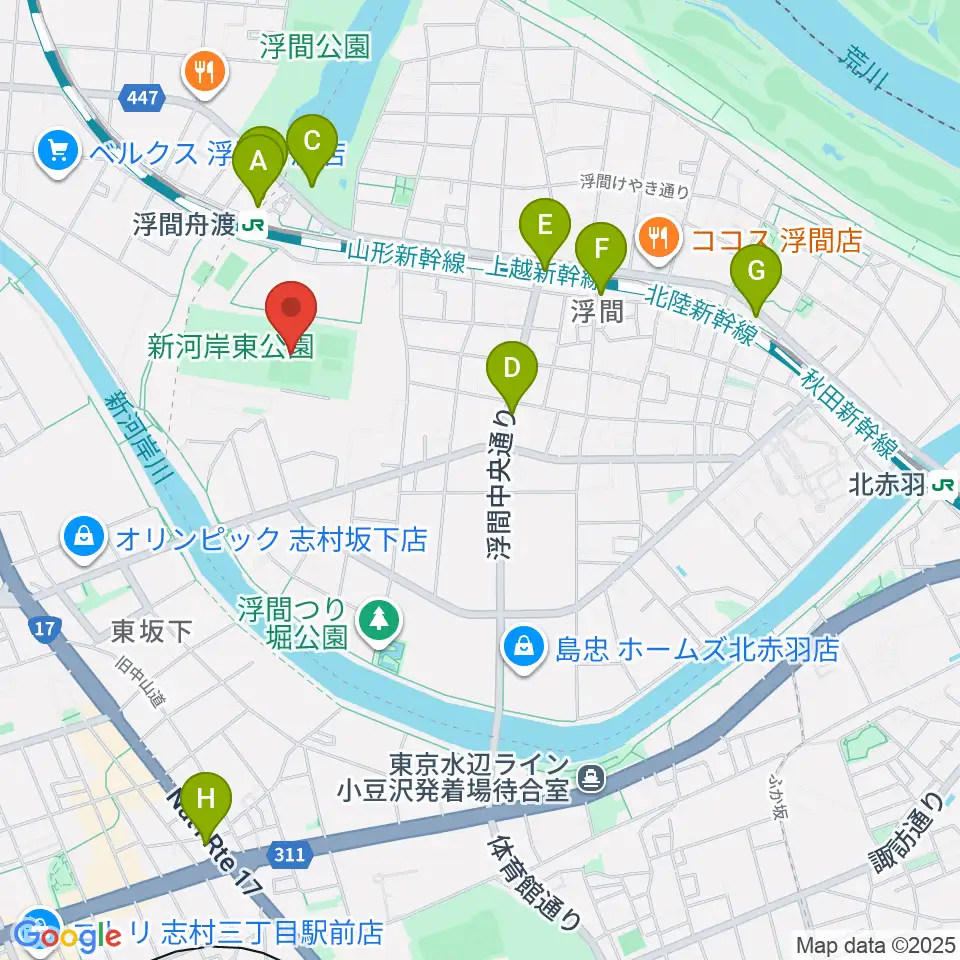 浮間子どもスポーツ広場野球場周辺のカフェ一覧地図