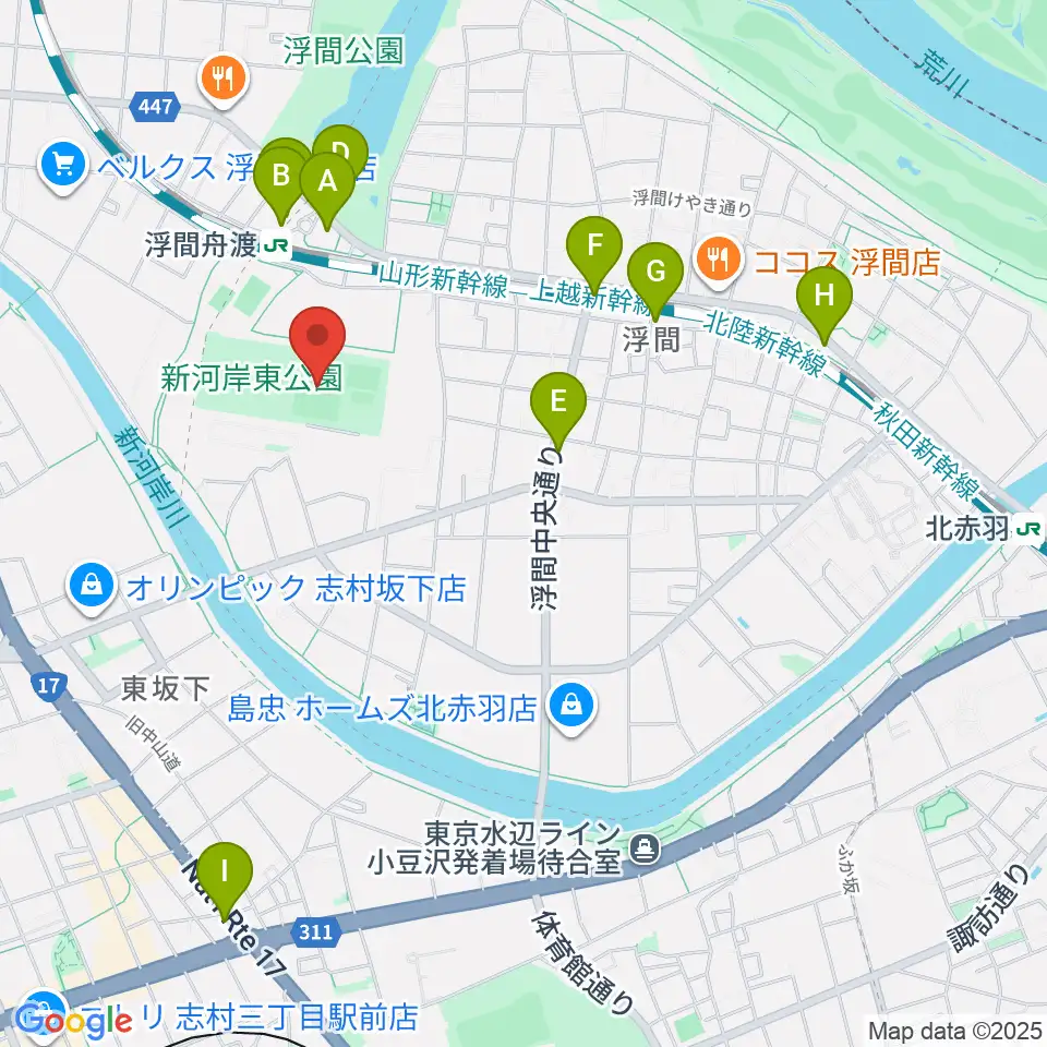 浮間子どもスポーツ広場野球場周辺のカフェ一覧地図