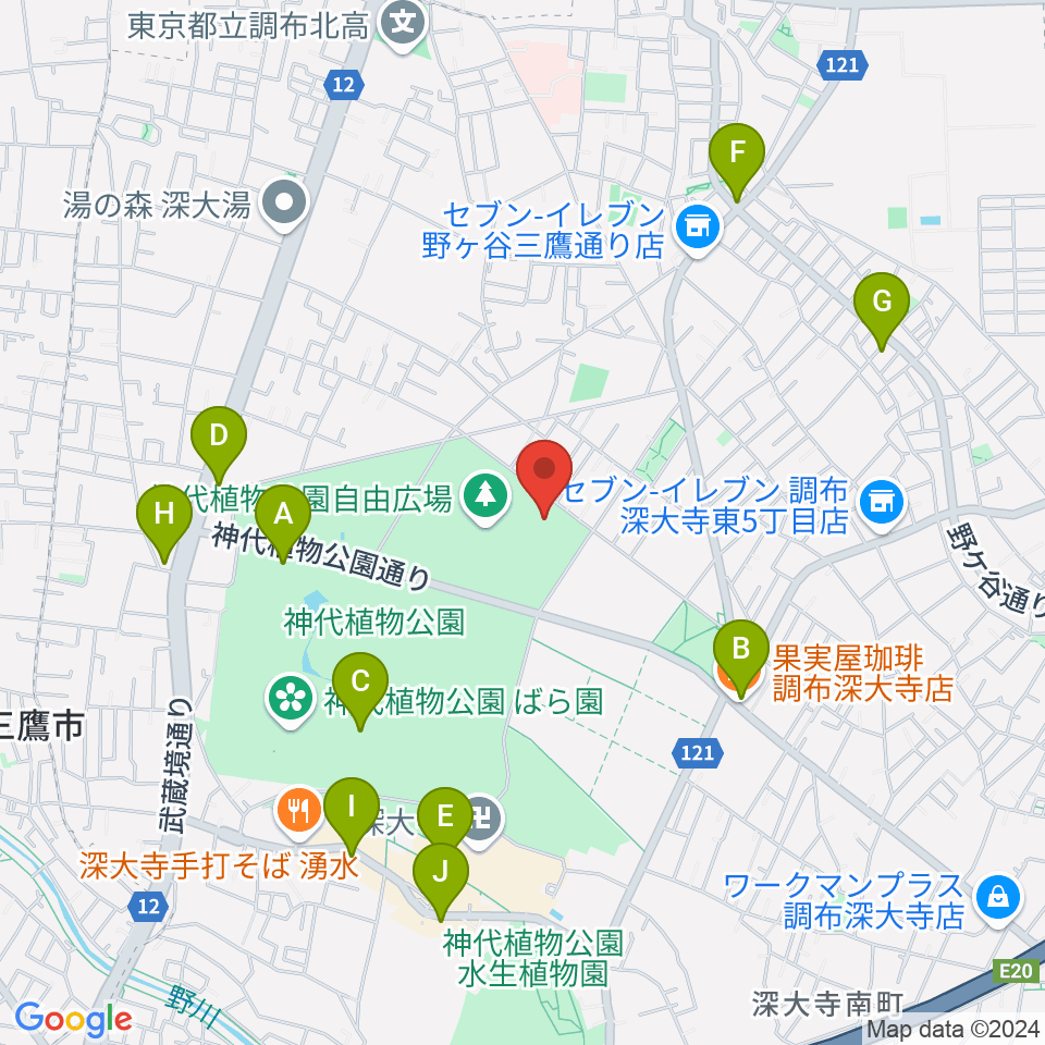 調布市総合体育館周辺のカフェ一覧地図