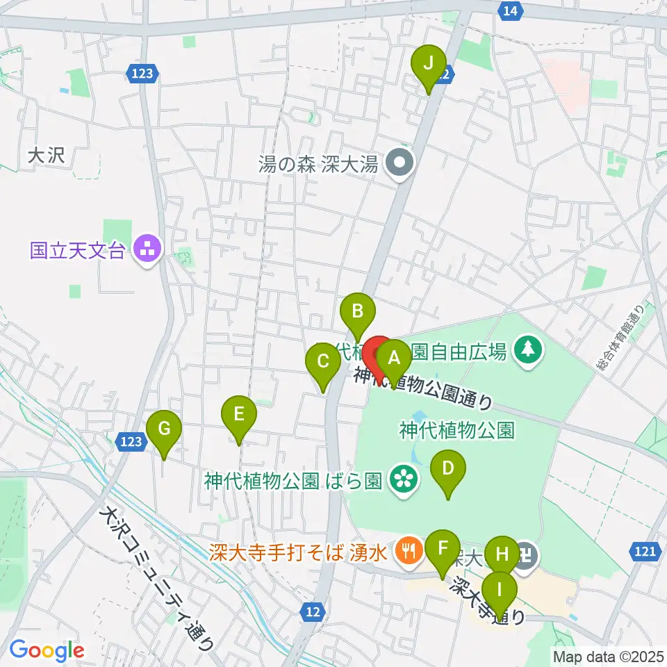 神代植物公園周辺のカフェ一覧地図