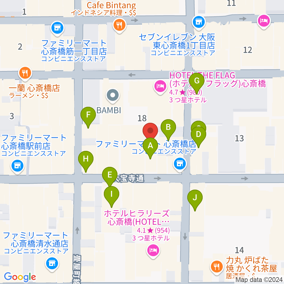 ベースオントップ東心斎橋店周辺のカフェ一覧地図