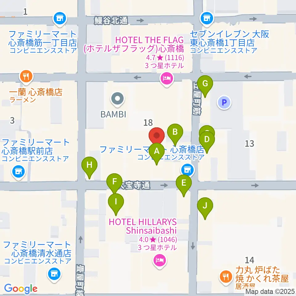 ベースオントップ東心斎橋店周辺のカフェ一覧地図
