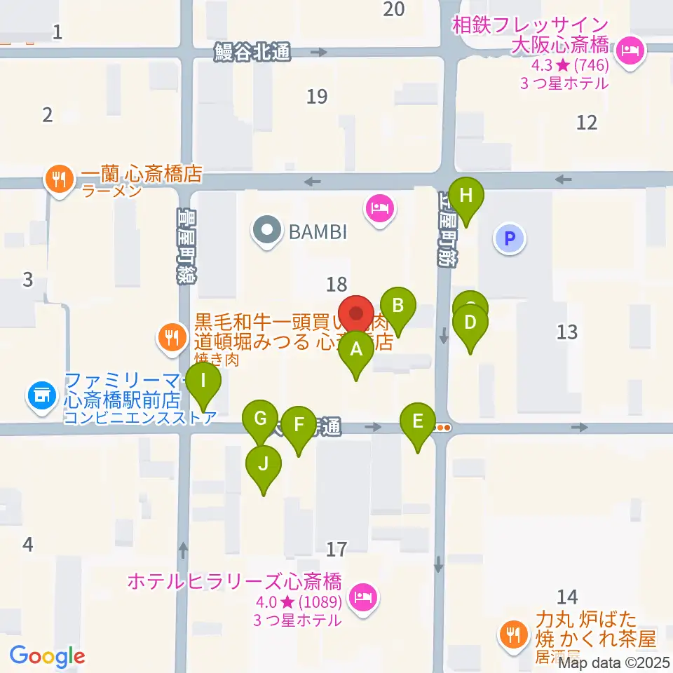 ベースオントップ東心斎橋店周辺のカフェ一覧地図