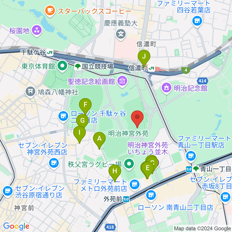 明治神宮外苑軟式球場周辺のカフェ一覧地図