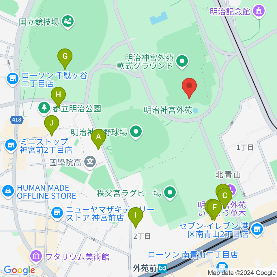 明治神宮外苑軟式球場周辺のカフェ一覧地図