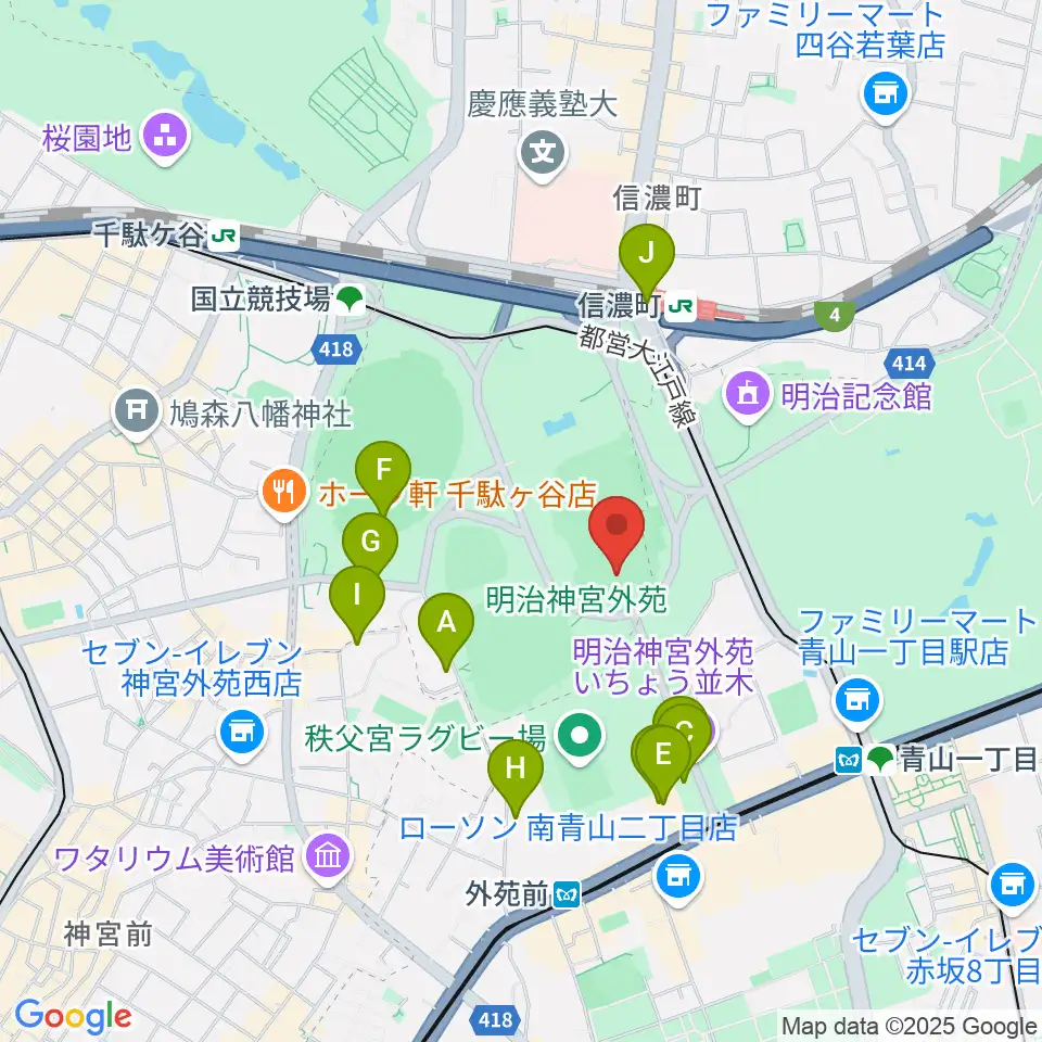 明治神宮外苑軟式球場周辺のカフェ一覧地図