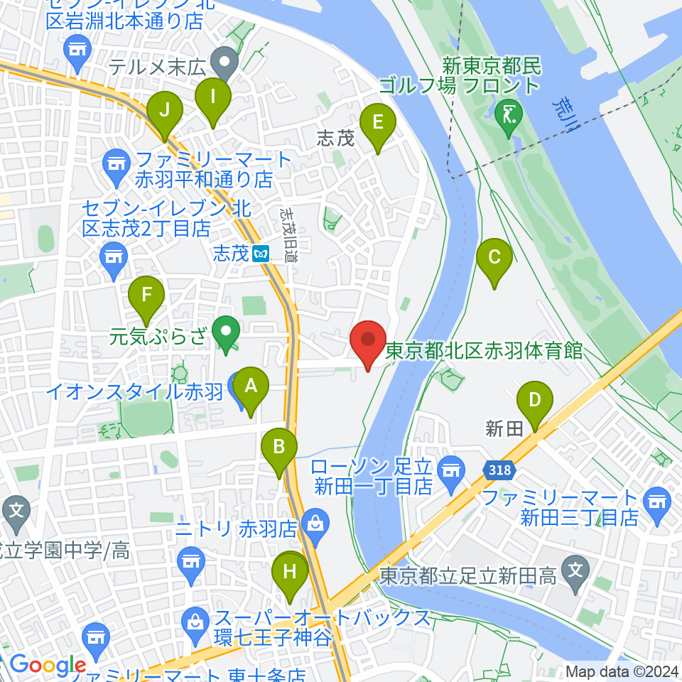 赤羽体育館周辺のカフェ一覧地図