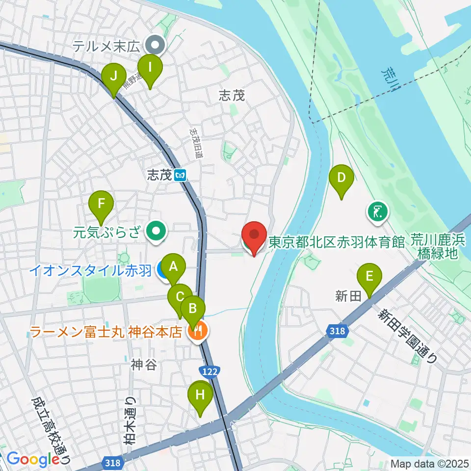 赤羽体育館周辺のカフェ一覧地図