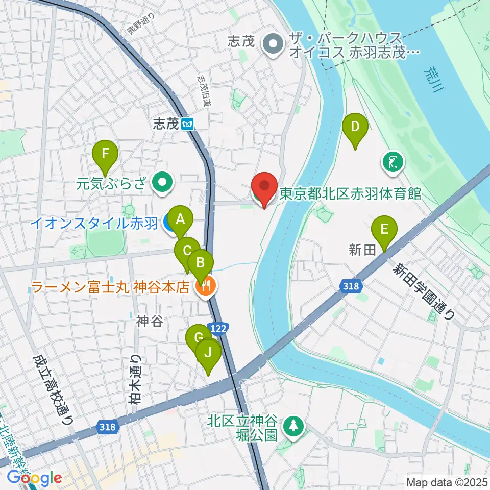 赤羽体育館周辺のカフェ一覧地図