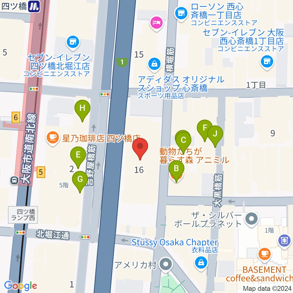 ベースオントップ アメ村店周辺のカフェ一覧地図