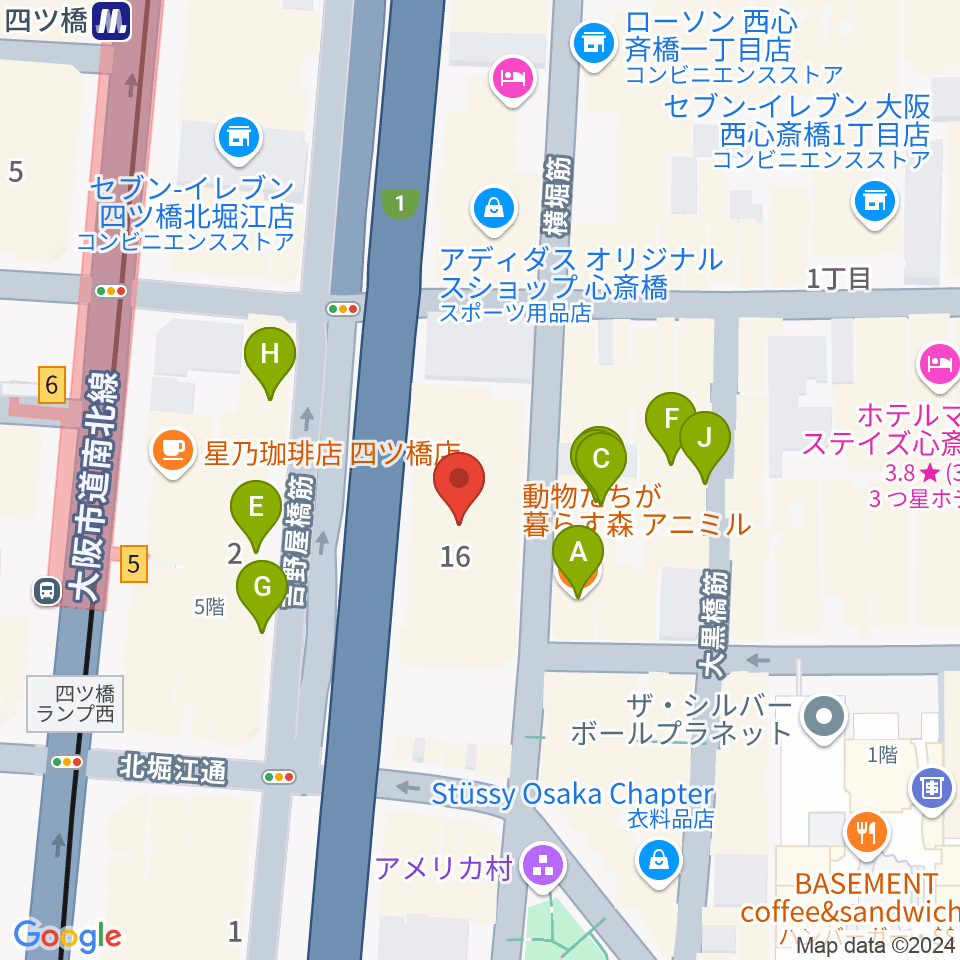 ベースオントップ アメ村店周辺のカフェ一覧地図