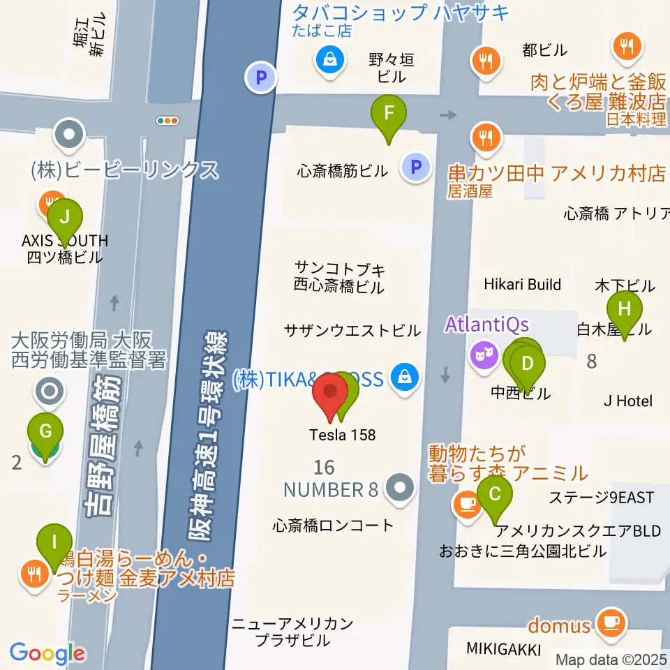ベースオントップ アメ村店周辺のカフェ一覧地図