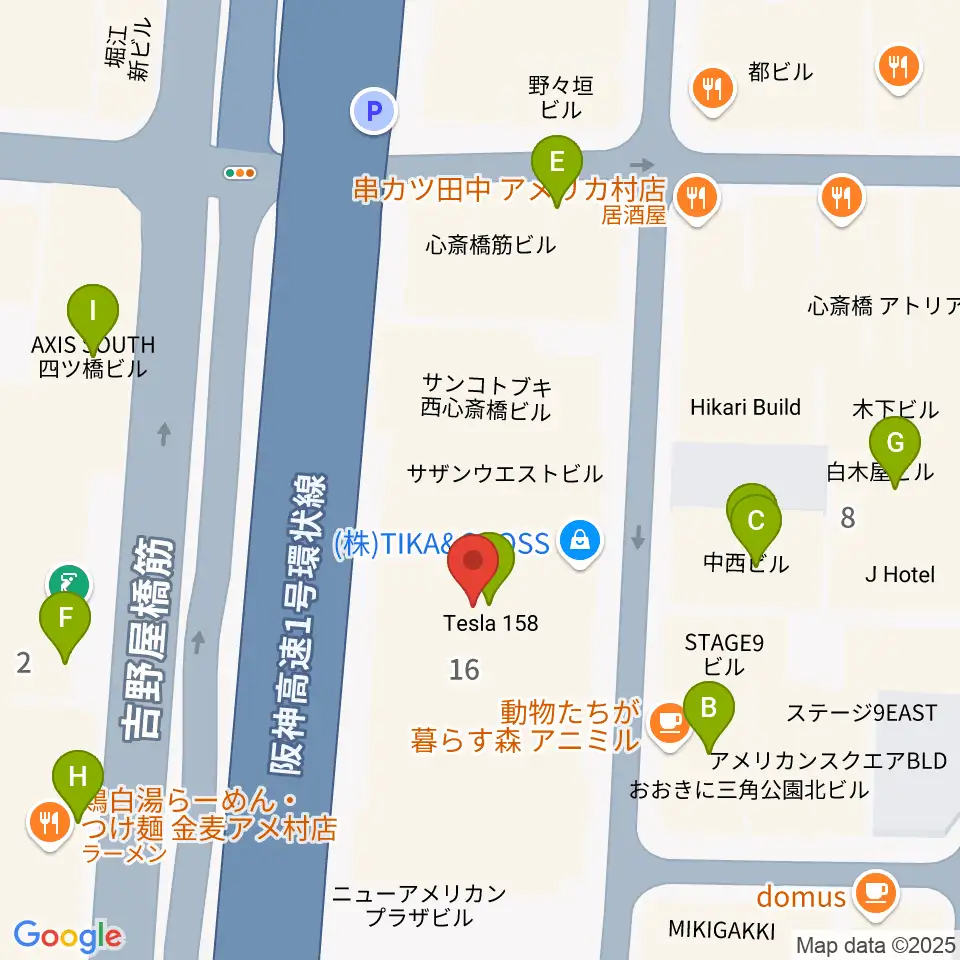 ベースオントップ アメ村店周辺のカフェ一覧地図