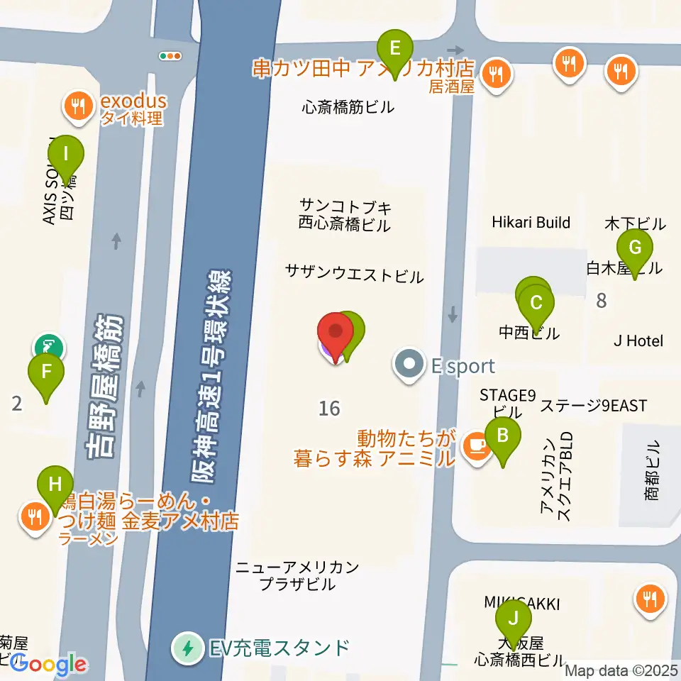 ベースオントップ アメ村店周辺のカフェ一覧地図