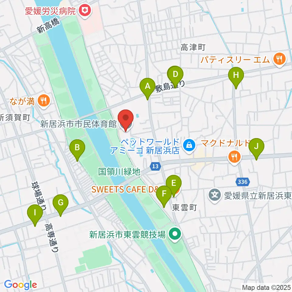 新居浜市市民体育館周辺のカフェ一覧地図