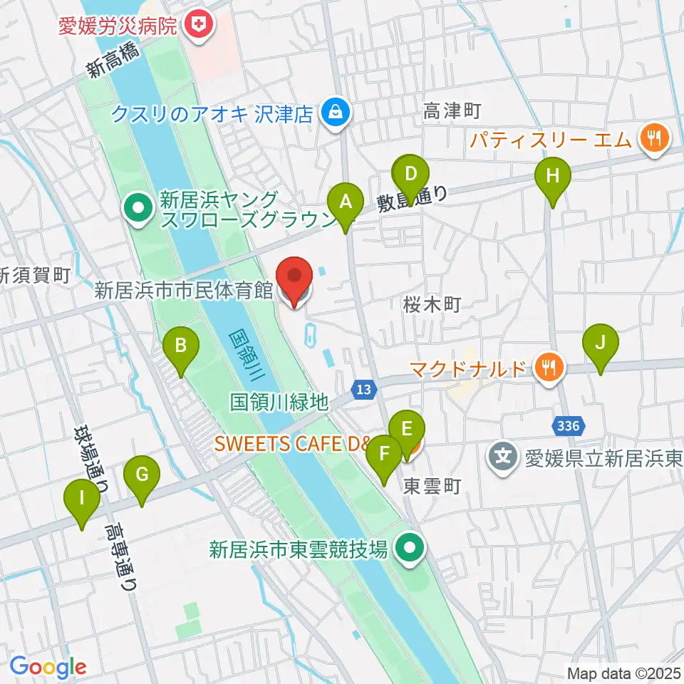 新居浜市市民体育館周辺のカフェ一覧地図