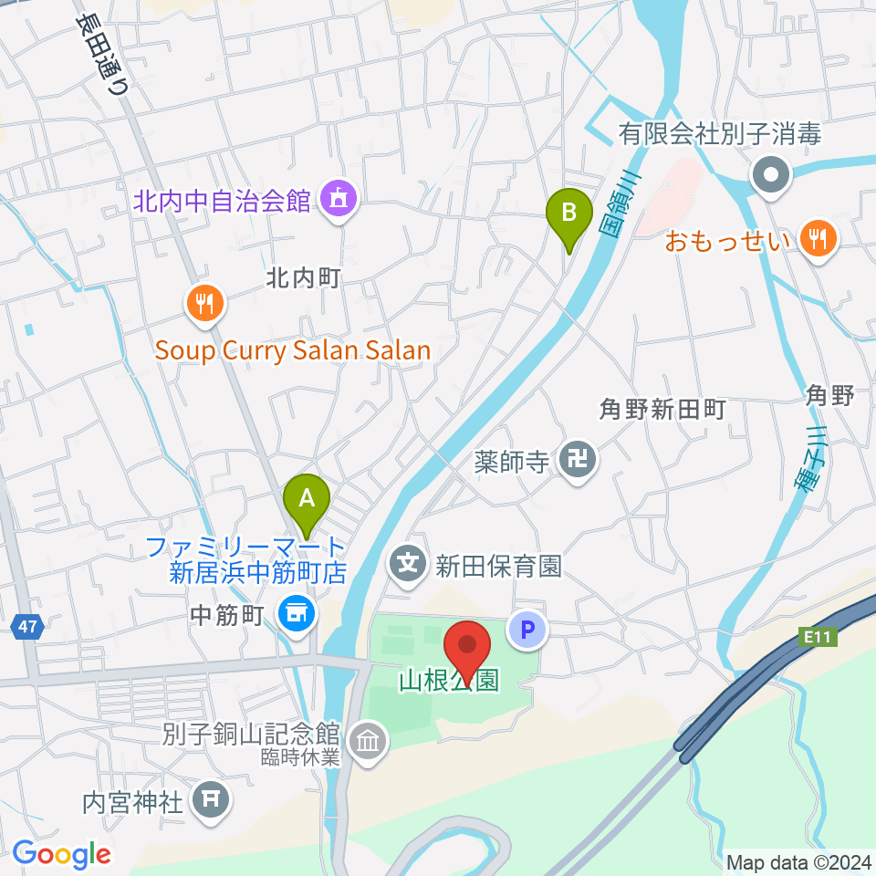 新居浜市山根総合体育館周辺のカフェ一覧地図