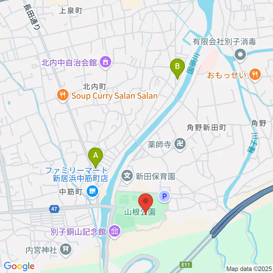 新居浜市山根総合体育館周辺のカフェ一覧地図