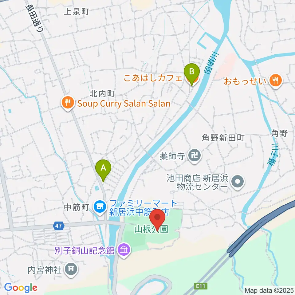 新居浜市山根総合体育館周辺のカフェ一覧地図