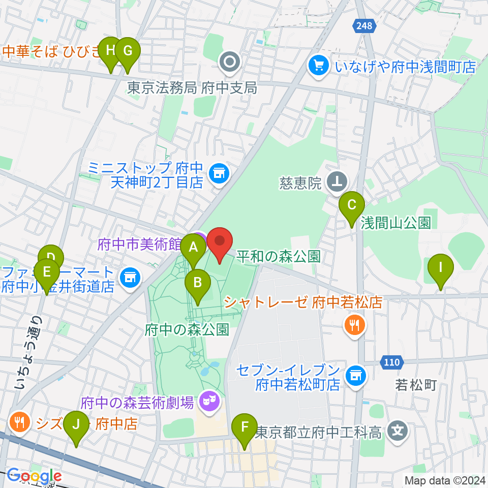 府中の森公園小野球場周辺のカフェ一覧地図