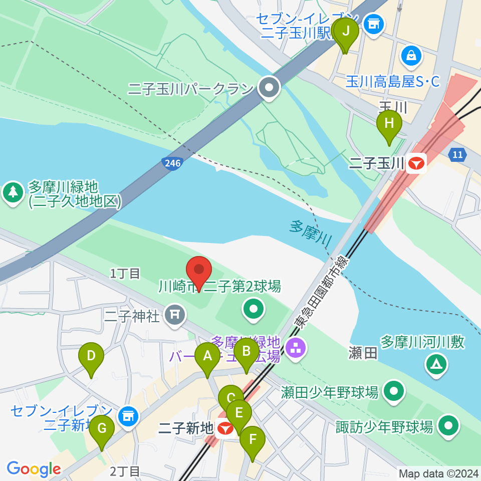 川崎市二子球場周辺のカフェ一覧地図