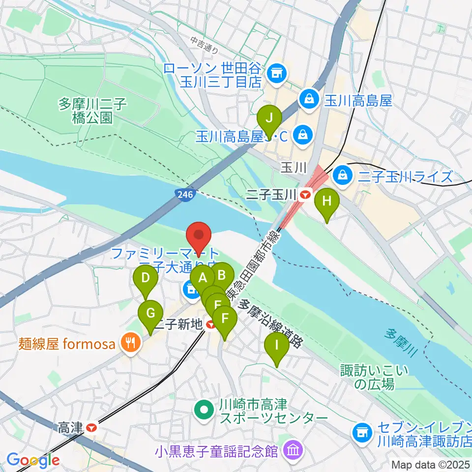 川崎市二子球場周辺のカフェ一覧地図