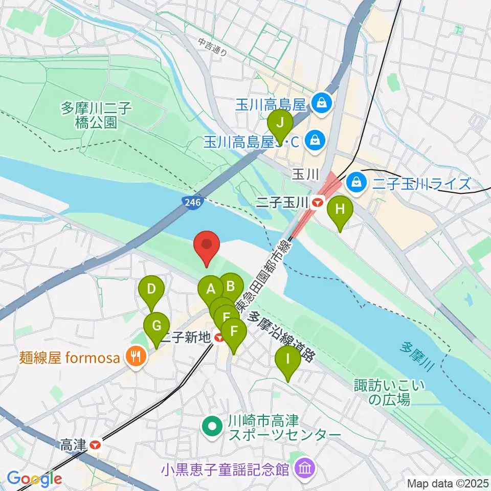 川崎市二子球場周辺のカフェ一覧地図