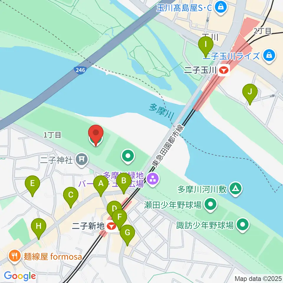 川崎市二子球場周辺のカフェ一覧地図