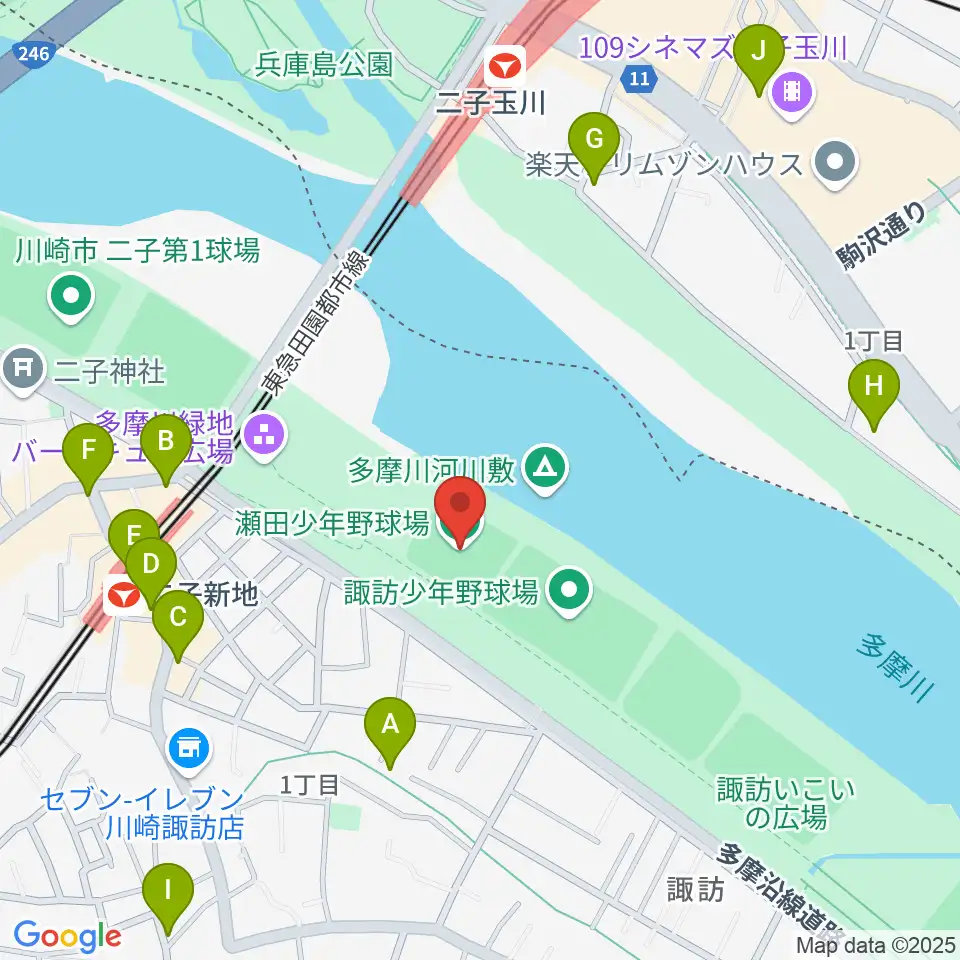 瀬田少年野球場周辺のカフェ一覧地図