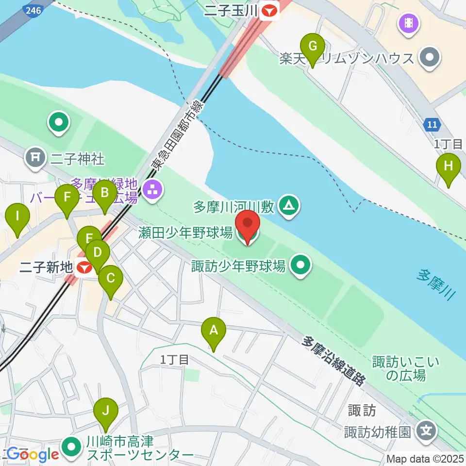 瀬田少年野球場周辺のカフェ一覧地図