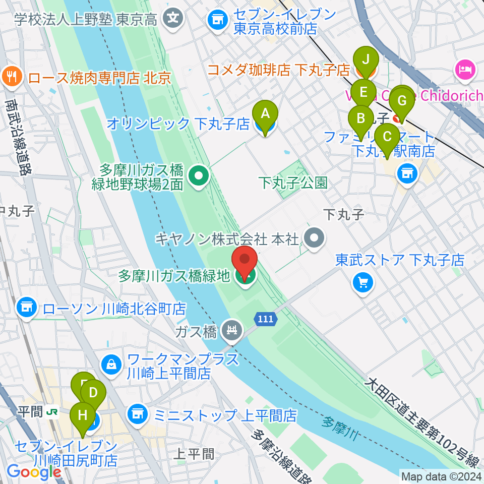 多摩川ガス橋緑地球技場周辺のカフェ一覧地図